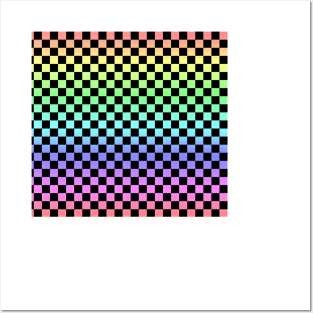 Black Checkered Rainbow Ombre Pattern Posters and Art